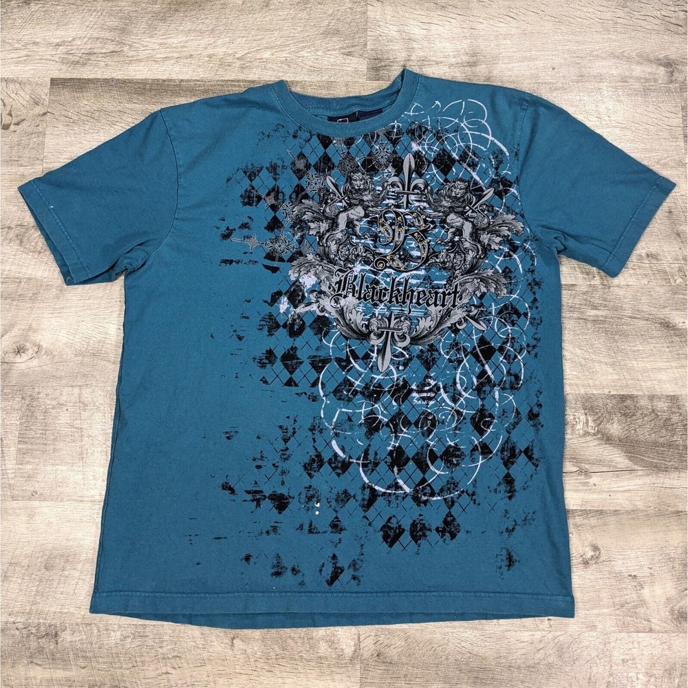Vtg Bugle Boy Tshirt Mens Large Blue Black Heart Tattoo Grunge Street Wear Y2K